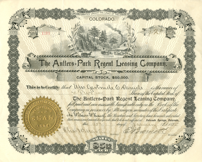 Antlers=Park Regent Leasing Co. - Stock Certificate